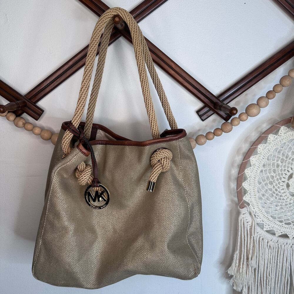 Michael Kors Gold Metallic Canvas Rope Tote